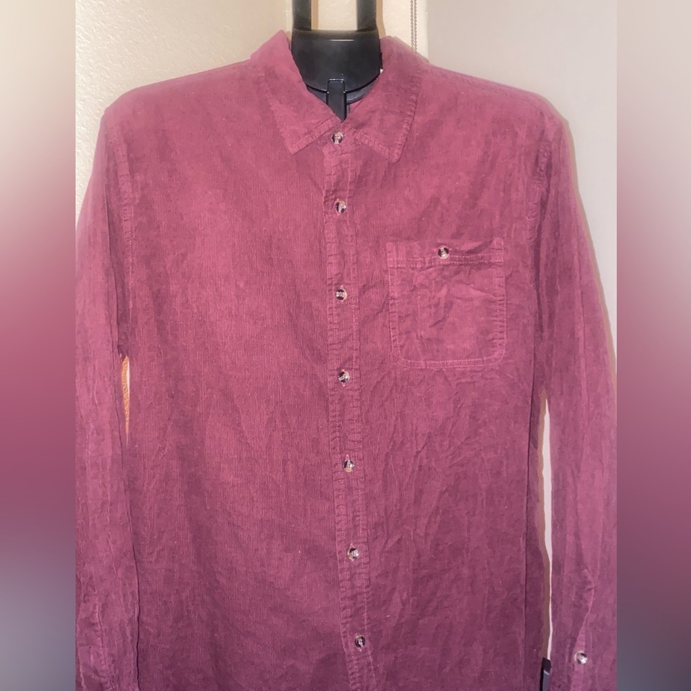 Corduroy Men’s Long Sleeve Button-Up Shirt by Midnight Velvet size (L) Burgundy